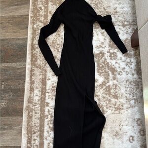 Aritzia Black Ribbed Long-Sleeve Maxi Dress with Side Slit